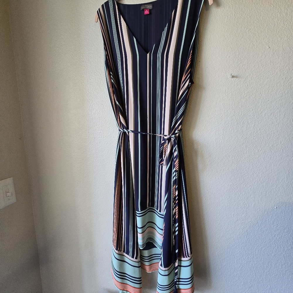 Vince Camuto Sleeveless Striped Asymmetrical Hem Dress, Size XL, Waist Tie
